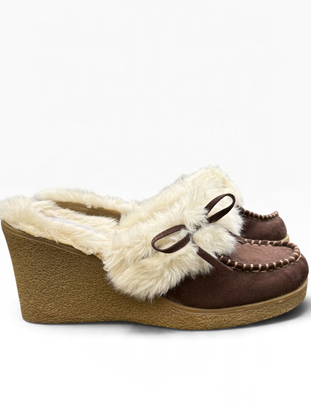 Vintage American Eagle Faux Fur Suede Wedge Mules